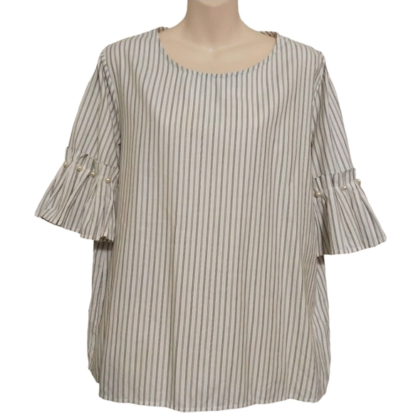 Jennifer & Grace Striped Boho Top w Pearls on Sleeves Sz L - Picture 1 of 4